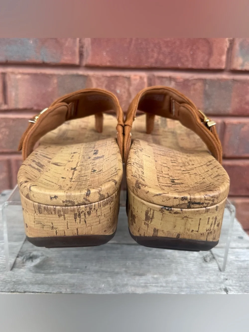 Vionic Marbella Brown Tan Suede Cork Wedge Platform Thong Sandals Women’s Sz 9